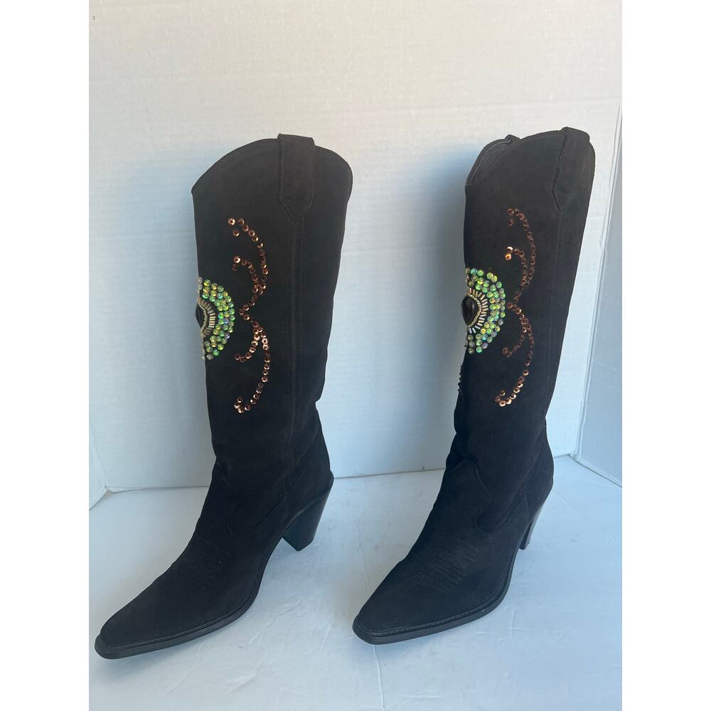 Colin Stuart Jeweled Sequin Western Brown Suede Knee High Pull On Boots Size 7 - Picture 1 of 14